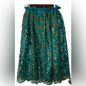 Turquoise Fantasy Maxi Skirt Tulle Over Satin With Sequin Embroidery Frilly
